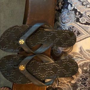 Tory Burch all black sandals with gold logo